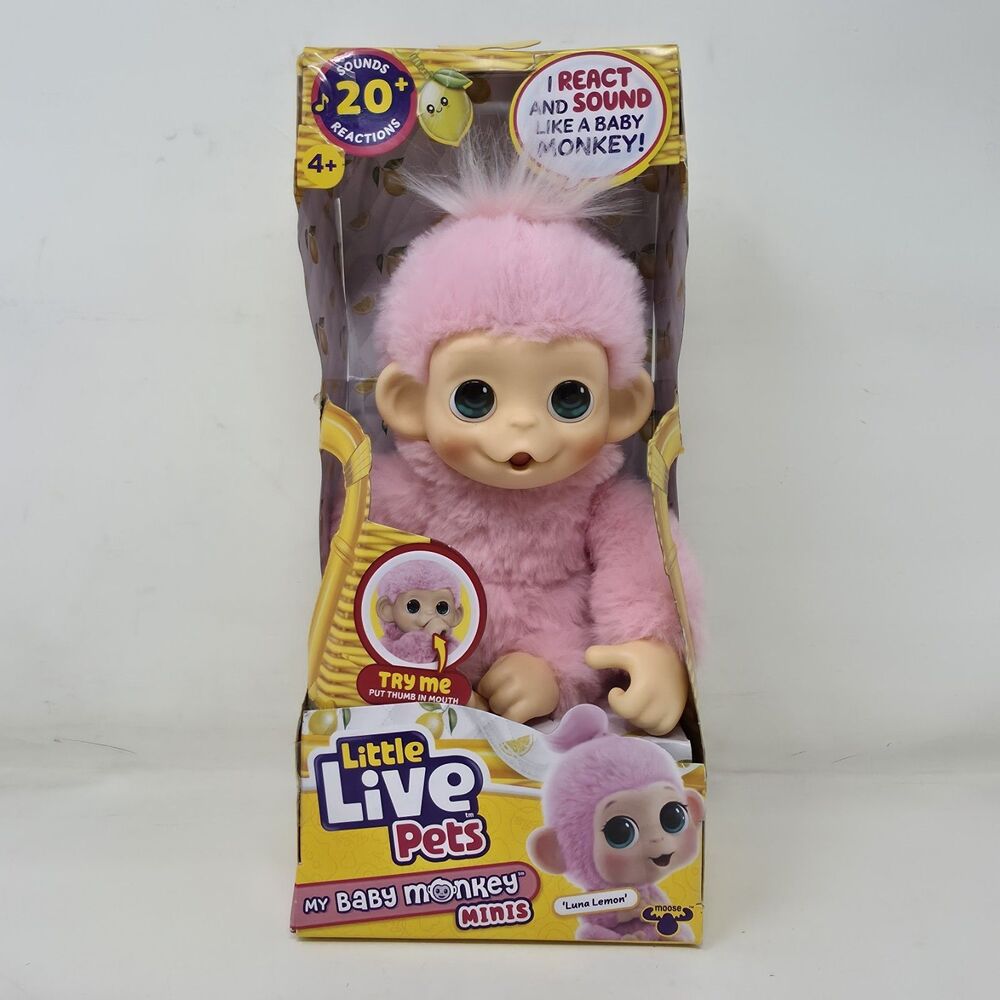 Little Live Pets My Baby Monkey Minis Pink LUNA LEMON Interactive Toy 20+ Sounds